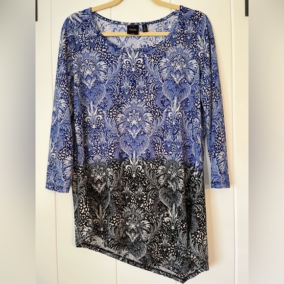 Rafaella Tops - Rafaela Asymmetrical 3/4 sleeve Blue and Black Blouse